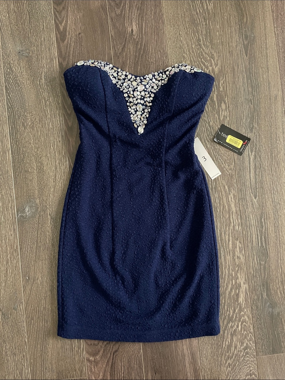 Teeze Me Navy Strapless Cocktail Dress with Crystal V-Accent